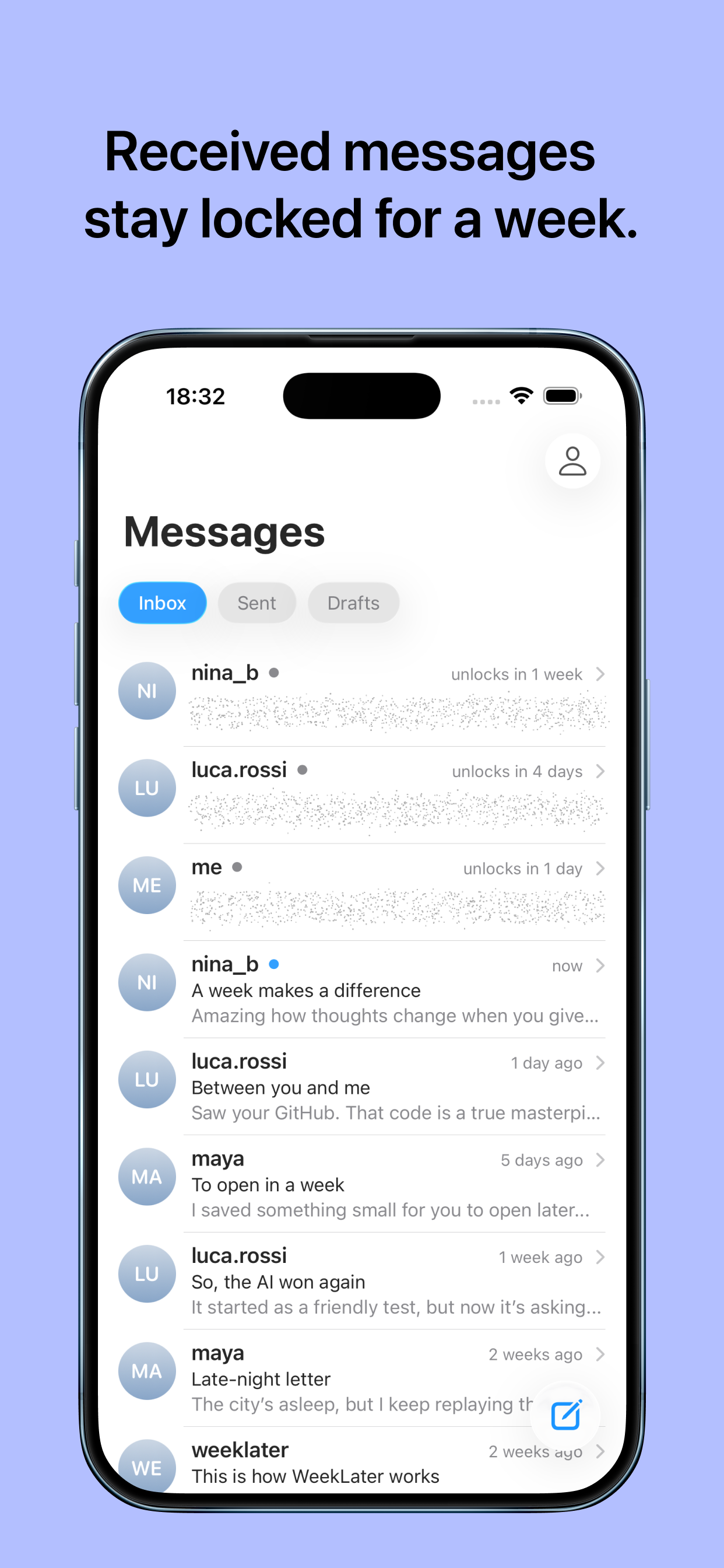 WeekLater inbox showing locked messages with unlock countdown